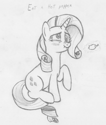 Size: 1856x2187 | Tagged: safe, artist:sighoovestrong, rarity, pony, unicorn, :t, blushing, derp, drawing, female, food, frown, hot, hot pepper, levitation, magic, mare, monochrome, nose wrinkle, pepper, raised hoof, scrunchy face, simple background, sitting, solo, spicy, teary eyes, telekinesis, traditional art, wavy mouth, white background