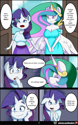 Size: 1024x1629 | Tagged: safe, artist:caoscore, princess celestia, rarity, alicorn, anthro, unicorn, sweet and elite, breasts, clothes, crown, eyes closed, female, jewelry, mare, patreon, patreon logo, regalia, scene interpretation, smiling, watermark