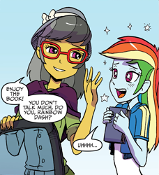 Size: 893x980 | Tagged: safe, artist:pencils, derpibooru import, idw, a.k. yearling, rainbow dash, equestria girls, spoiler:comic, spoiler:comicequestriagirlsmarchradness, book, cute, dashabetes, glasses, hat, speechless, starry eyes, wingding eyes