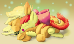 Size: 1280x770 | Tagged: safe, artist:firefanatic, apple bloom, applejack, monster pony, original species, tatzlpony, cuddling, cute, fluffy, snuggling, species swap, tatzlbetes, tatzljack