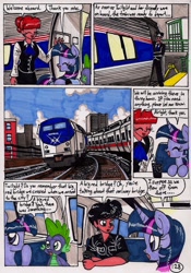 Size: 1395x1988 | Tagged: safe, artist:newyorkx3, derpibooru import, spike, twilight sparkle, twilight sparkle (alicorn), oc, oc:tommy, alicorn, human, pony, comic:twilight and the big city, amfleet, amtrak, comic, diesel locomotive, female, ge genesis, ge p32ac-dm, locomotive, mare, traditional art, train