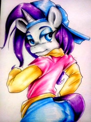 Size: 2980x3981 | Tagged: safe, artist:nolyanimeid, rarity, anthro, unicorn, friendship university, backwards ballcap, baseball cap, cap, clothes, female, hat, plainity, simple background, solo, traditional art, white background