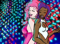 Size: 540x394 | Tagged: safe, artist:sehad, pinkie pie, rarity, human, humanized, neon, party, rave, simple background, sketch