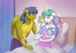 Size: 2046x1447 | Tagged: safe, artist:feellikeaplat, princess celestia, oc, oc:beacon, oc:rally flag, alicorn, anthro, pegasus, unicorn, anthro oc, armor, baby, bed, blushing, canon x oc, family, female, hospital, hospital bed, hospital gown, loving gaze, male, newborn, offspring, parent:oc:rally flag, parent:princess celestia, parents:canon x oc, parents:rallylestia, rallylestia, ring, royal guard, scar, shipping, straight, wedding ring