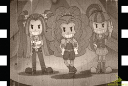 Size: 1165x787 | Tagged: safe, artist:the-butch-x, adagio dazzle, aria blaze, sonata dusk, equestria girls, rainbow rocks, black and white cartoon, mickey mouse, monochrome, old timey, pacman eyes, style emulation, the dazzlings