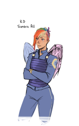 Size: 404x640 | Tagged: safe, artist:demdoodles, derpibooru import, rainbow dash, human, the cutie re-mark, alternate timeline, amputee, apocalypse dash, artificial wings, augmented, crystal war timeline, female, humanized, prosthetic limb, prosthetic wing, prosthetics, scar, simple background, solo, white background, wings