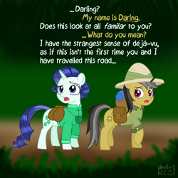 Size: 1500x1500 | Tagged: safe, artist:phallen1, daring do, rarity, oc, oc:precious jade, pony, unicorn, alternate character interpretation, alternate universe, atg 2012, atg 2018, chopsticks in hair, clothes, daringverse, deja vu, dialogue, hair bun, jungle, newbie artist training grounds, not rarity, redraw, saddle bag, walking