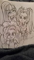 Size: 600x1067 | Tagged: safe, artist:ladyslippy, adagio dazzle, aria blaze, sonata dusk, equestria girls, monochrome, the dazzlings