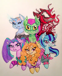 Size: 942x1150 | Tagged: safe, artist:ameliacostanza, adagio dazzle, aria blaze, sonata dusk, carnage, cletus kasady, crossover, electro, green goblin, max dillon, norman osborn, sinister six, spider-man, spiders and magic ii: eleven months, spiders and magic iii: days of friendship past, spiders and magic iv: the fall of spider-mane, spiders and magic: rise of spider-mane, symbiote, the dazzlings, traditional art