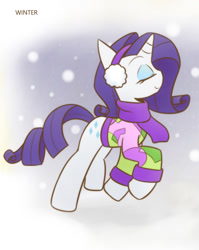 Size: 860x1080 | Tagged: safe, artist:howxu, rarity, pony, unicorn, clothes, cropped, eyes closed, female, mare, snow, solo, winter