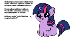 Size: 1194x668 | Tagged: safe, adagio dazzle, aria blaze, sonata dusk, twilight sparkle, pony, unicorn, blonde joke, dialogue, exploitable meme, female, filly, filly twilight sparkle, filly twilight telling an offensive joke, horn, looking at you, meme, multicolored mane, multicolored tail, obligatory pony, purple coat, rio de janeiro, simple background, sitting, smiling, solo, talking to viewer, the dazzlings, underhoof, white background