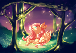 Size: 712x500 | Tagged: safe, artist:ectopi, artist:ghostportals, fluttershy, firefly (insect), pegasus, pony, forest, night, prone, solo, tree