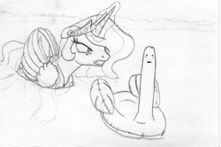 Size: 893x593 | Tagged: safe, anonymous artist, princess celestia, alicorn, duck pony, pony, 4chan, drawthread, duo, funny, funny as hell, glowing horn, lineart, majestic as fuck, monochrome, ridiculous inflatable swan thing, simple background, swanlestia, traditional art, water