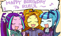 Size: 500x300 | Tagged: safe, artist:baekgup, adagio dazzle, aria blaze, sonata dusk, equestria girls, cute, dialogue, eyes closed, happy birthday, singing, the dazzlings