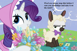 Size: 1620x1080 | Tagged: safe, edit, edited screencap, screencap, rarity, sweetie belle, pony, sheep, unicorn, forever filly, animal costume, balloon, clothes, costume, cropped, cute, flower, pun, raribetes, sheepie belle, sweetie belle is not amused, text, unamused