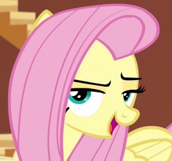 Size: 806x759 | Tagged: safe, screencap, fluttershy, pegasus, pony, dungeons and discords, bedroom eyes, cropped, cute, female, lidded eyes, mare, open mouth, shyabetes, smug, solo