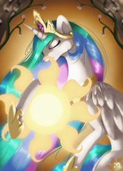 Size: 1024x1420 | Tagged: safe, artist:xaneas, princess celestia, alicorn, pony, crown, eyes closed, female, jewelry, mare, praise the sun, regalia, solo, sun