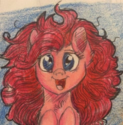 Size: 2045x2079 | Tagged: safe, artist:snowfoxythefox, derpibooru exclusive, pinkie pie, earth pony, pony, alternate hairstyle, colored, colored pencil drawing, colored sketch, curly hair, cute, happy, pencil, pencil drawing, simple background, smiling, solo, traditional art