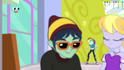 Size: 1280x720 | Tagged: safe, derpibooru import, screencap, cloudy kicks, rainbow dash, better together, equestria girls, holidays unwrapped, canterlot mall, clothes, converse, dashing through the mall, geode of super speed, glasses, magical geodes, pants, plusplus, shoes, smiling, sneakers, waldo whereabout