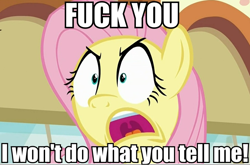 Size: 954x630 | Tagged: safe, edit, edited screencap, screencap, fluttershy, pegasus, pony, buckball season, angry, caption, first world anarchist, flutterrage, image macro, killing in the name (rage against the machine), meme, peeved, rage against the machine, song reference, swearing, vulgar