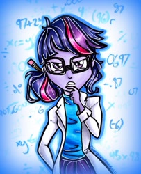 Size: 1163x1431 | Tagged: safe, artist:frostykat13, derpibooru import, sci-twi, twilight sparkle, equestria girls, rainbow rocks, clothes, glasses, lab coat, scientist, solo, traditional art