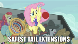 Size: 960x540 | Tagged: safe, edit, edited screencap, screencap, fluttershy, pegasus, pony, buckball season, /mlp/, 4chan, 4chan cup, caption, cheating, image macro, meme, tail extensions