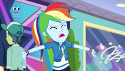 Size: 1280x720 | Tagged: safe, derpibooru import, screencap, mile hill, rainbow dash, better together, equestria girls, holidays unwrapped, background human, canterlot mall, cap, clothes, eyes closed, female, geode of super speed, hat, magical geodes, male, plusplus, upset