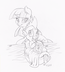 Size: 731x800 | Tagged: safe, artist:dfectivedvice, derpibooru import, spike, twilight sparkle, twilight sparkle (alicorn), alicorn, dragon, pony, bedtime, book, female, grayscale, mare, monochrome