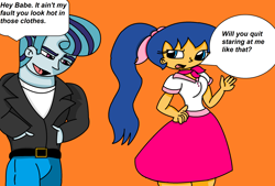 Size: 2592x1752 | Tagged: safe, artist:t-mack56, flare warden, flash sentry, scherzo lesto, sonata dusk, equestria girls, rainbow rocks, 1950's, dialogue, equestria guys, greaser, male, rule 63, senata, sexual harassment, shipping, simple background