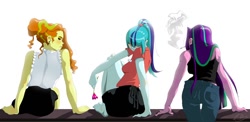 Size: 1234x602 | Tagged: safe, artist:theigi, adagio dazzle, aria blaze, sonata dusk, fanfic:we are what we are, equestria girls, adagio dat-azzle, alternate hairstyle, arse-ia blaze, barefoot, cigarette, fanfic, fanfic art, fanfic cover, feet, flower, looking back, simple background, smoking, sonata donk, the dazzlings