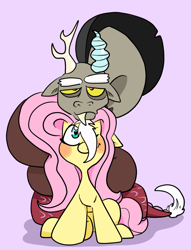 Size: 720x941 | Tagged: safe, artist:flamingaro, discord, fluttershy, draconequus, pegasus, pony, blushing, discoshy, floppy ears, heart eyes, male, shipping, straight, wingding eyes