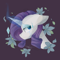 Size: 2000x2000 | Tagged: safe, artist:dddreamdraw, rarity, pony, unicorn, bust, crying, female, flower, mare, solo