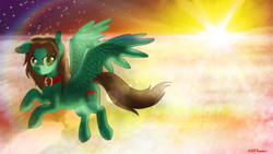 Size: 2016x1134 | Tagged: safe, artist:finalaspex, derpibooru import, oc, oc only, oc:malik, pegasus, pony, collar, flying, sky, solo, sunset, wallpaper