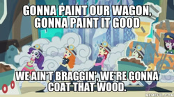 Size: 600x337 | Tagged: safe, edit, edited screencap, screencap, golden hazel, indigo wreath, nolan north, rarity, sophisticata, better together, equestria girls, opening night, cyoa, image macro, meme, paint your wagon, the simpsons