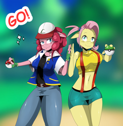 Size: 4354x4455 | Tagged: safe, artist:traupa, fluttershy, pinkie pie, anthro, absurd resolution, ash ketchum, baseball cap, belly button, blushing, breasts, clothes, cosplay, costume, duo, duo female, female, hat, hootershy, jacket, midriff, misty (pokémon), pinkie pies, pokéball, pokémon, shorts, sparkles, suspenders