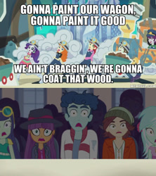 Size: 600x675 | Tagged: safe, edit, edited screencap, screencap, blueberry cake, curly winds, ginger owlseye, golden hazel, indigo wreath, lyra heartstrings, nolan north, normal norman, rarity, scott green, some blue guy, sophisticata, teddy t. touchdown, thunderbass, better together, equestria girls, opening night, cyoa, fedora, hat, image macro, meme, musical, paint your wagon, parody, shocked, the simpsons, what the heck?, what the hell?, wtf, wth