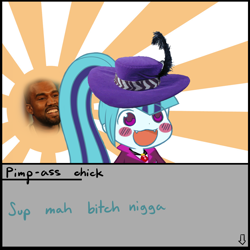 Size: 1000x1000 | Tagged: safe, artist:figgot, sonata dusk, :3, blushing, cute little fangs, dazzlequest, hat, kanye west, lewd, nigga, ohayou face, pimp hat, vulgar