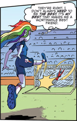 Size: 1385x2183 | Tagged: safe, artist:pencils, derpibooru import, idw, rainbow dash, equestria girls, spoiler:comic, spoiler:comicequestriagirlsmarchradness, clothes, female, football, shoes, soccer shoes, sports