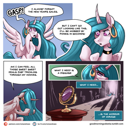 Size: 1024x1024 | Tagged: safe, artist:romanrazor, princess celestia, alicorn, pony, blue-mane celestia, choker, comic, curved horn, dialogue, door, ear piercing, earring, female, gasp, good morning celestia, jewelry, mare, mirror, patreon, patreon logo, piercing, shadow, solo, speech bubble, table