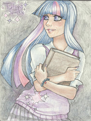 Size: 1660x2203 | Tagged: safe, artist:kimicookie, derpibooru import, twilight sparkle, human, book, humanized, solo, traditional art