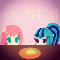 Size: 768x768 | Tagged: safe, artist:darkberryart, sonata dusk, oc, oc:fluffle puff, equestria girls, rainbow rocks, chibi, cute, duo, eyes on the prize, food, sonataco, taco