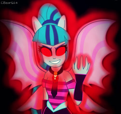 Size: 600x565 | Tagged: safe, artist:cbear624, sonata dusk, equestria girls, evil grin, fin wings, glowing eyes, looking at you, ponied up