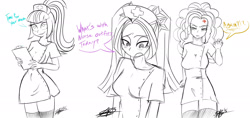 Size: 2176x1024 | Tagged: safe, artist:xxxsketchbookxxx, adagio dazzle, aria blaze, sonata dusk, human, angry, annoyed, clipboard, dialogue, humanized, nurse, nurse adagio, nurse outfit, preview, sketch