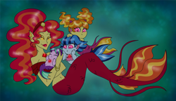 Size: 2700x1552 | Tagged: safe, artist:purfectprincessgirl, adagio dazzle, aria blaze, sonata dusk, oc, oc:adante, mermaid, siren, equestria girls, bandeau, belly button, midriff, mother, the dazzlings, younger