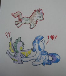 Size: 1061x1223 | Tagged: safe, artist:hillbe, rarity, spike, dragon, kirin, pony, unicorn, exclamation point, female, heart, male, question mark, shipping, sparity, straight, traditional art, wings