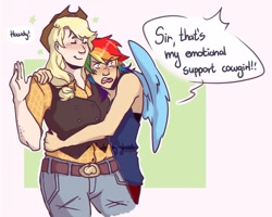 Size: 2048x1639 | Tagged: safe, artist:blueberry-ghost, artist:mayu, derpibooru import, applejack, rainbow dash, human, appledash, clothes, cowboy hat, eyes closed, gay, hat, humanized, male, rule 63, shipping, vest, winged humanization, wings