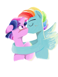 Size: 1536x2048 | Tagged: safe, artist:wimple, derpibooru import, dusk shine, rainbow blitz, rainbow dash, twilight sparkle, pegasus, pony, blushing, duskblitz, gay, kissing, male, rule 63, shipping, simple background, twidash, white background