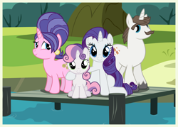 Size: 7000x5000 | Tagged: safe, artist:dashiesparkle, artist:mundschenk85, cookie crumbles, hondo flanks, rarity, sweetie belle, pony, unicorn, absurd resolution, family, father and child, father and daughter, female, like father like daughter, like mother like daughter, male, mother and child, mother and daughter, parent and child, pier, rarity's parents, siblings, sisters, sitting, vector