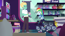 Size: 1280x720 | Tagged: safe, derpibooru import, screencap, rainbow dash, zephyr breeze, better together, equestria girls, holidays unwrapped, camera, clothes, converse, dashing through the mall, female, geode of super speed, magical geodes, male, no socks, pants, pink camera, plusplus, shoes, smiling, sneakers, toy