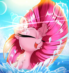 Size: 2600x2750 | Tagged: safe, artist:madacon, pinkie pie, earth pony, pony, amazing, beautiful, color porn, cute, eyes closed, fabulous, female, fluffy, happy, lens flare, majestic, mare, ocean, open mouth, playing, pretty, smiling, solo, splashing, summer, sun, water, wet mane